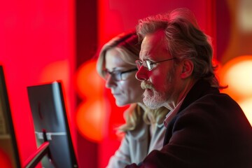 Poster - A business individual works attentively on a computer in a stylish red-toned office environment The scene portrays professionalism, focus, and modern corporate culture