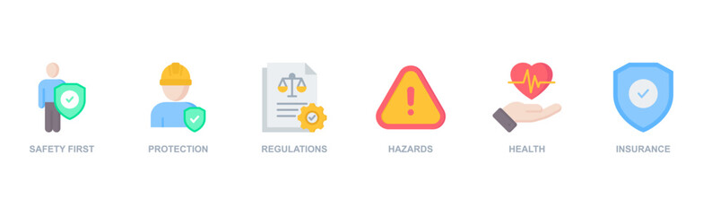 Work safety banner web icon vector illustration for occupational safety and health at work with safety first, protection, regulations, hazards, health, and insurance icon