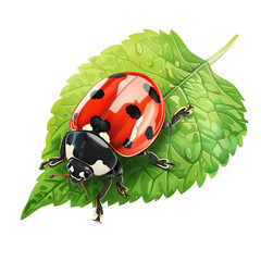 A red ladybug sits on a green leaf. The ladybug has black spots on its back. The leaf has water droplets on it.