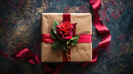 Poster - A stunning Kraft gift box adorned with a vibrant red ribbon and delicate rose perfect for conveying sentiments of love and celebration on Valentine s Day anniversaries Mother s Day birthday