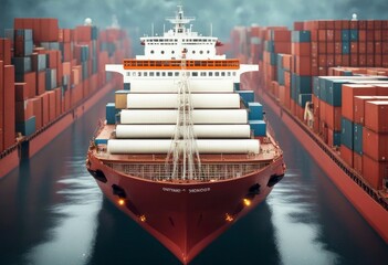 Wall Mural - 'ship cargo render 3d illustration shipping boat big freight business commercial deliver port transport carrier transportation global sea trade container commerce water sailing tanker'