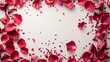 A Valentine s Day themed flat lay featuring a frame crafted from delicate rose petals with scattered confetti on a crisp white backdrop exquisitely arranged to create a lovely and romantic 