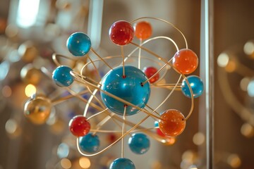 Poster - Sustainable Atomic future structure. Blue sphere determines properties and behavior elements. Generate AI