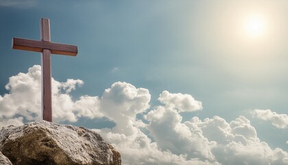 cross on blue sky with clouds and sun christian religion concept