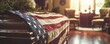 American flag draped a coffin at military funeral inside a church, representing honor and sacrifice