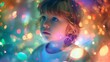 Child in studio with ethereal, colorful lights enhancing youthful features.