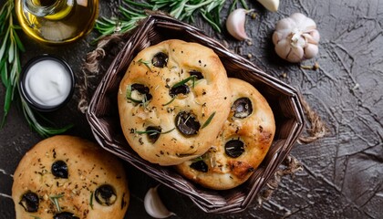 Wall Mural - italian focaccia bread with garic fresh baked focaccia with olives garlic and herbs top view