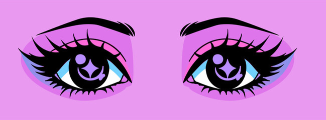 Leinwandbilder - Pop art vector collage of anime style eyes with 90's neon retro makeup and leopard print on the background. Fashionable manga-inspired design.