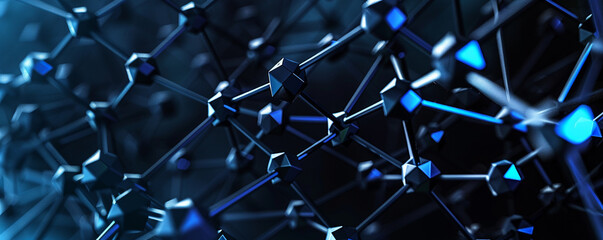 Wall Mural - Black and indigo gradient background featuring futuristic molecule design interlocking polygons transitioning in colors, symbolizing dynamic molecular connections.