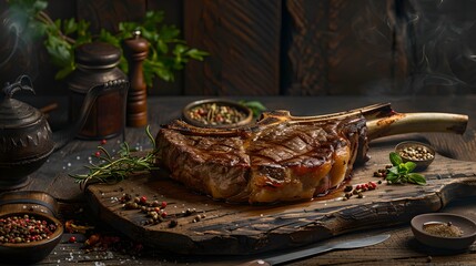 Wall Mural - Succulent Grilled Steak on Cutting Board in Rustic Kitchen Setting. Perfect for a Gourmet Meal. Exquisite Culinary Display. High-Quality Meal Preparation. AI