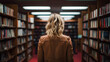 Rear view of a woman standing in front of a bookshelf searching for information in the library.