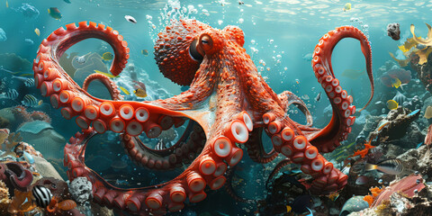 vibrant underwater scene with a red octopus and colorful reef, ideal for adventure and marine life t
