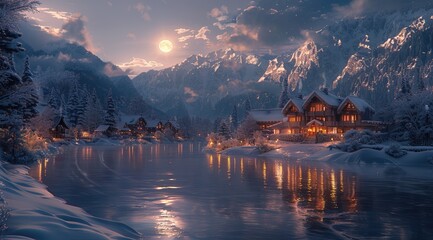 Wall Mural - A beautiful house in the mountains, snowy landscape, moonlight, river flowing through it, surrounded by other houses