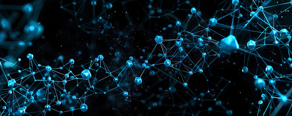 Wall Mural - Cosmic black background with blue polygonal molecular mesh interconnected polygons glowing in a pattern that represents the stars and technological advancements.