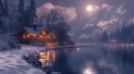 Wall Mural - A beautiful house in the snow, next to it is an river and mountains with moonlight shining on them, photo realistic,