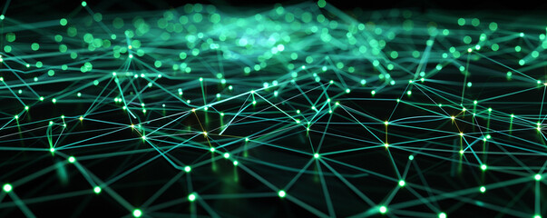 Wall Mural - Deep black background overlaid with a complex web of neon green digital connections, representing a high-tech network infrastructure.