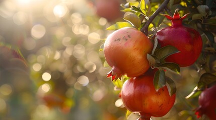 Sticker - Ripe pomegranates hanging on a tree basking in warm sunlight. Perfect for nature and healthy lifestyle content. Vibrant, fresh and organic. AI