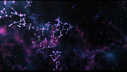 Wall Mural - Deep space black with tiny abstract molecular structures in ultraviolet sophisticated small polygonal shapes weaving through the cosmic backdrop.