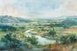 Watercolor of a landscape with a winding river.