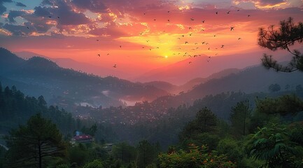 Wall Mural - A breathtaking sunset over the mountains oficolor, overlooking Dharmander in Indian state of PWinsar with birds flying above and clouds