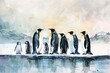 Watercolor of penguins on ice
