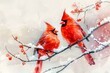 Watercolor of two bright red cardinals perched on a snowy branch.