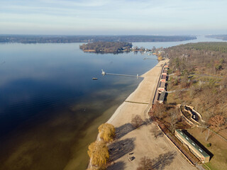 Wall Mural - Aerial landscape of Havel river Wannsee beach and Grunewald forest on a sunny day in Berlin