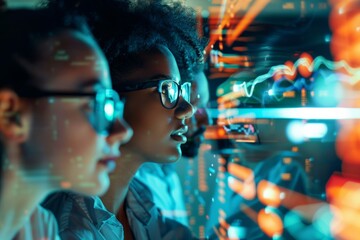 Fototapete - A woman in front of a digital display, analyzing dynamic data lines and patterns