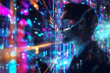 Poster - A stylish businessman immersed in a visual representation of data and analytics, depicting modern business insights