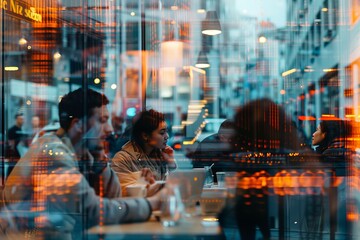 Poster - People working in an office viewed through a glass window with city reflections, depicting modern corporate life