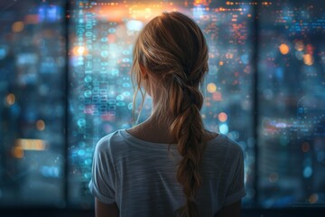 Fototapete - A contemplative woman stands transfixed by a glowing display showcasing an intricate pattern of digital code signifying data and information