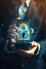 Poster - A sophisticated businessman interacts with a futuristic 3D holographic digital lock emitted from his smartphone, implying robust cyber security