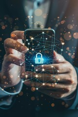 Poster - An elegantly dressed businessman holds a smartphone from which a secure holographic padlock emerges amid floating particles