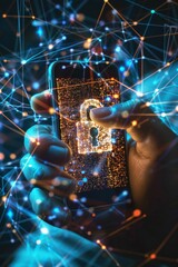 Poster - Close-up of a hand holding a smartphone that projects a dazzling holographic key lock, symbolizing advanced data protection