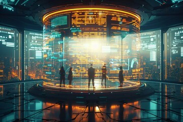 Poster - Silhouetted group of people standing before a large circular data analytics interface in a futuristic room