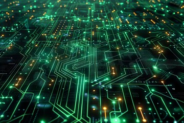 Poster - Macro shot of a circuit board with luminous green lines symbolizing technology and electronic connectivity