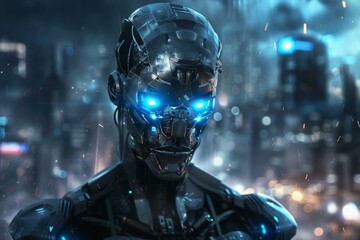 Poster - A close-up of a futuristic robot's head with glowing blue eyes highlights advanced technology and AI