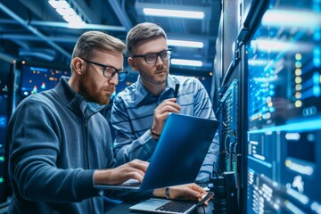 Poster - Two focused technical professionals working collaboratively in a high-tech server room with glowing blue lights