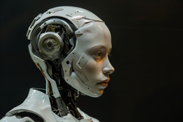 Poster - Detailed close-up of a humanoid robot's face, highlighting advancements in robotics and artificial intelligence