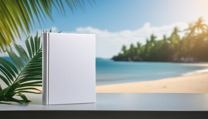 Wall Mural - mockup of a blank cover white book with a beach summer vacation background