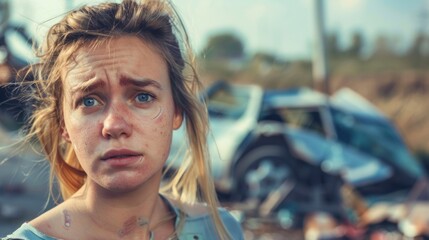 portrait of a woman with a worried face after a crash on the street during the day