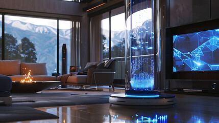 Sticker - The scene is set in a modern living room with a futuristic touch. A holographic display emerges from a cylindrical device on the floor