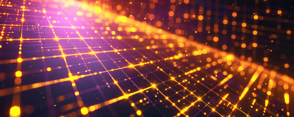 Wall Mural - Luminous yellow grid lines on a gradient background from purple to black, symbolizing digital encryption and cybersecurity.