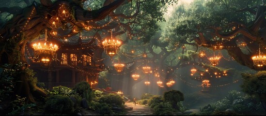 Wall Mural - A fantasy forest with giant trees, green leaves and mossy ground, fantasy movie scene