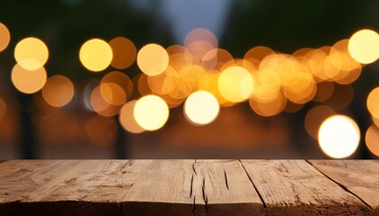 Wall Mural - wooden table in front of blurred background with bokeh lights high quality photo