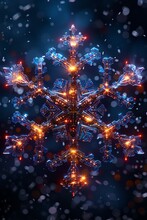 A Glowing Blue And Orange Snowflake Made Of Metal.