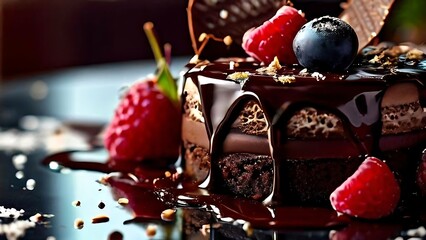 Wall Mural - Sweet Satisfaction: Fruit-Topped Chocolate Cake Closeup