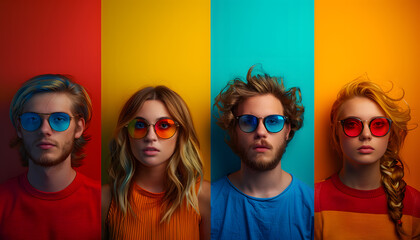 the paper created four cheerful young people in cool colours, collage style, the spectrum of colour