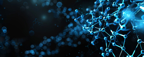 Wall Mural - Pitch black with blue glowing molecular mesh high-tech polygonal forms designed to represent advanced molecular networks, shining brightly.