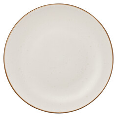 Empty white ceramic plate with brown edge on isolated background